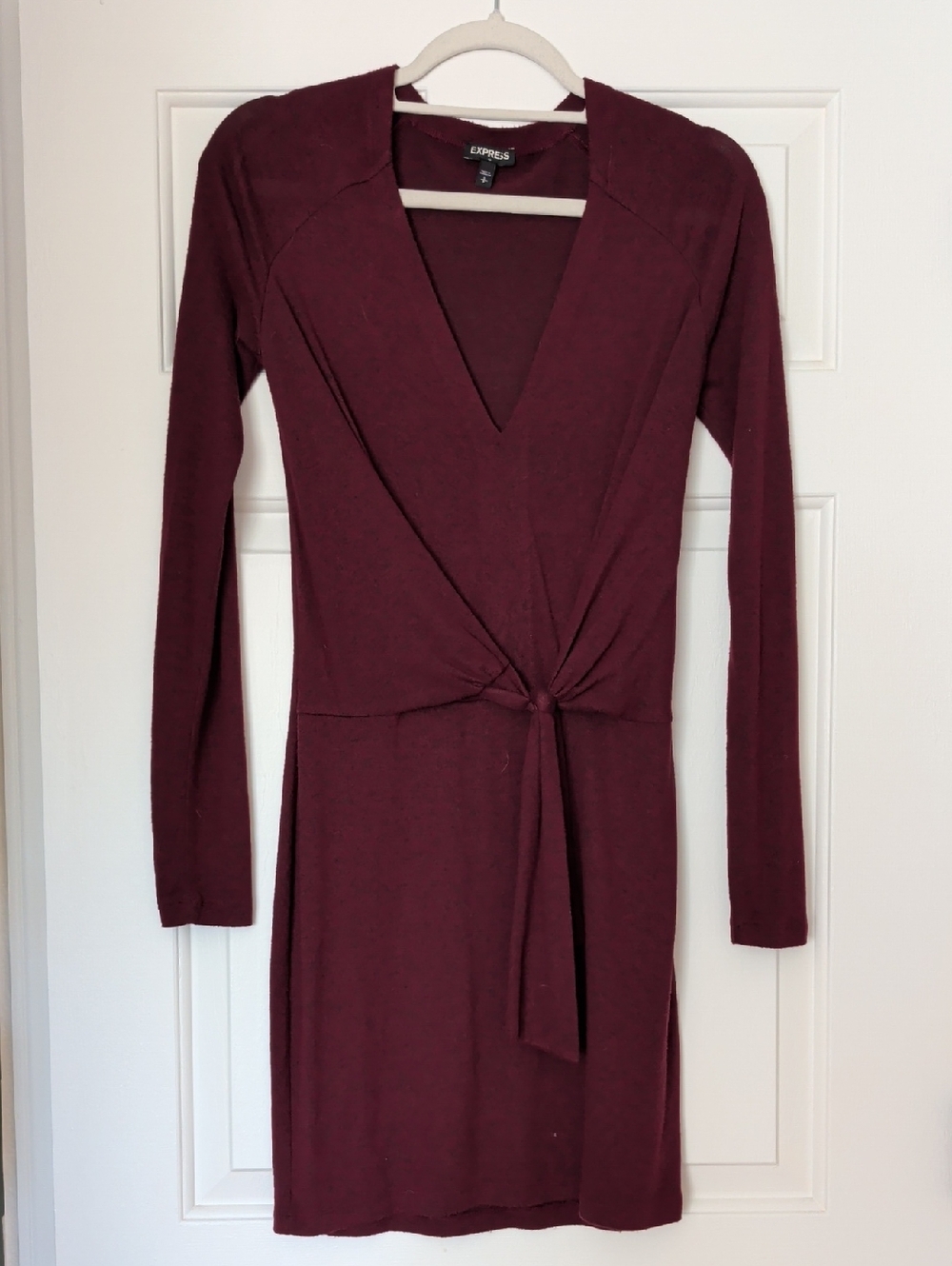 Express Maroon Twist-Front Long Sleeve Dress